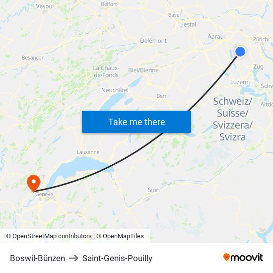 Boswil-Bünzen to Saint-Genis-Pouilly map