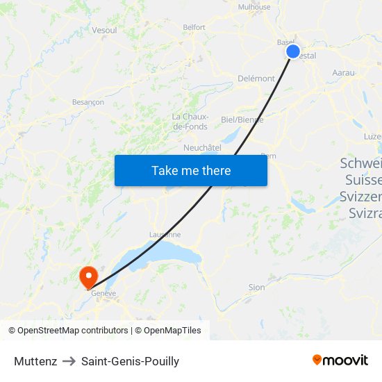 Muttenz to Saint-Genis-Pouilly map