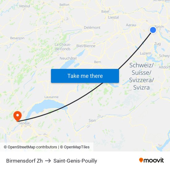 Birmensdorf Zh to Saint-Genis-Pouilly map