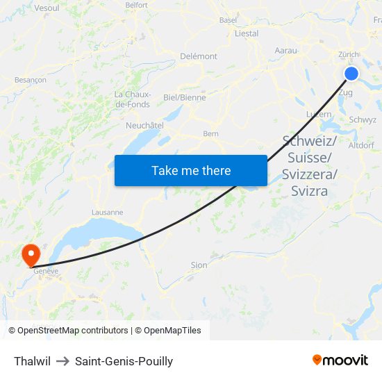 Thalwil to Saint-Genis-Pouilly map