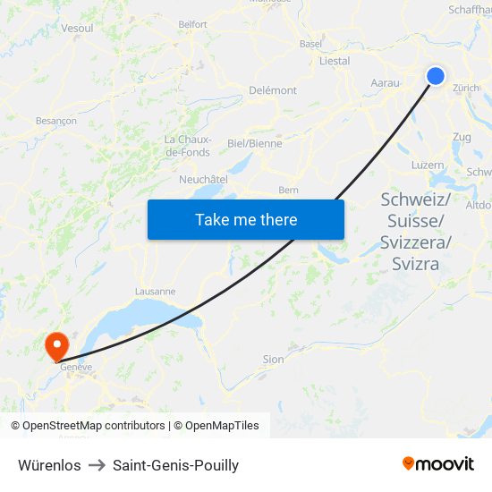 Würenlos to Saint-Genis-Pouilly map
