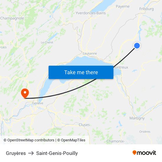 Gruyères to Saint-Genis-Pouilly map