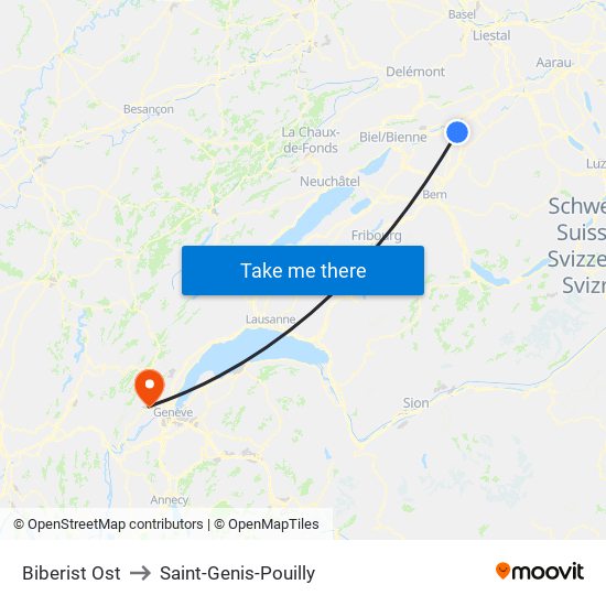 Biberist Ost to Saint-Genis-Pouilly map