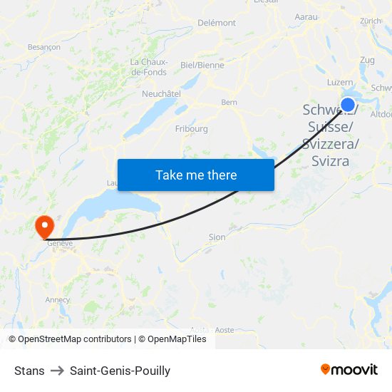 Stans to Saint-Genis-Pouilly map