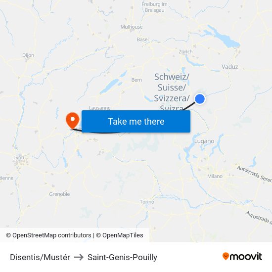 Disentis/Mustér to Saint-Genis-Pouilly map