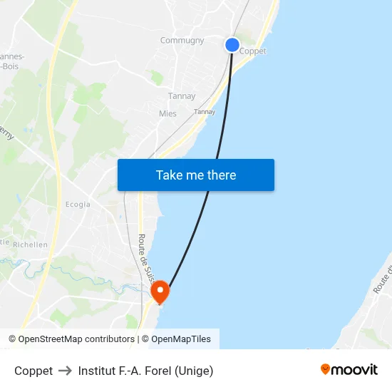 Coppet to Institut F.-A. Forel (Unige) map