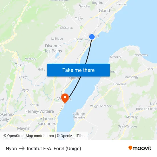 Nyon to Institut F.-A. Forel (Unige) map