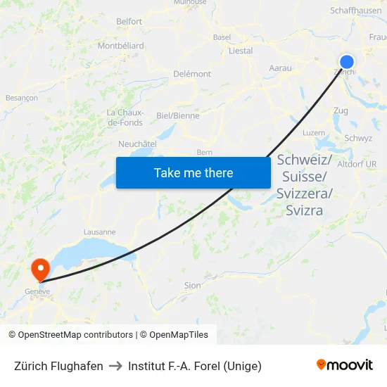 Zürich Flughafen to Institut F.-A. Forel (Unige) map