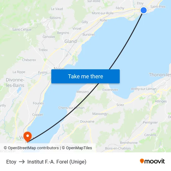 Etoy to Institut F.-A. Forel (Unige) map