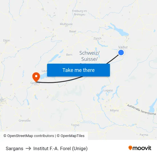 Sargans to Institut F.-A. Forel (Unige) map