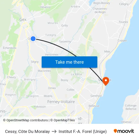Cessy, Côte Du Moralay to Institut F.-A. Forel (Unige) map