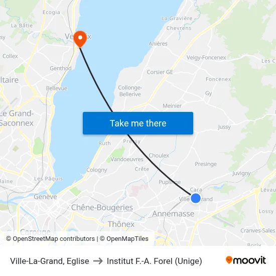 Ville-La-Grand, Eglise to Institut F.-A. Forel (Unige) map
