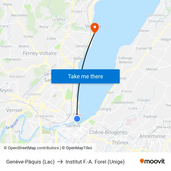 Genève-Pâquis (Lac) to Institut F.-A. Forel (Unige) map