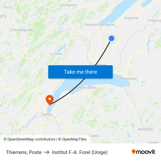 Thierrens, Poste to Institut F.-A. Forel (Unige) map
