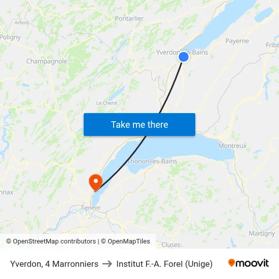 Yverdon, 4 Marronniers to Institut F.-A. Forel (Unige) map