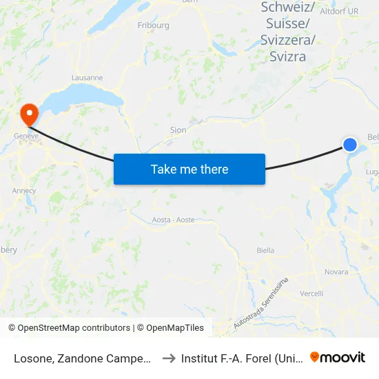 Losone, Zandone Campeggio to Institut F.-A. Forel (Unige) map