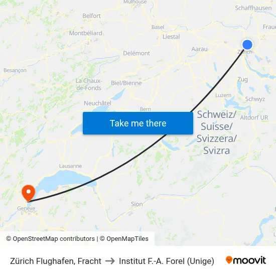 Zürich Flughafen, Fracht to Institut F.-A. Forel (Unige) map