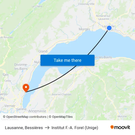 Lausanne, Bessières to Institut F.-A. Forel (Unige) map