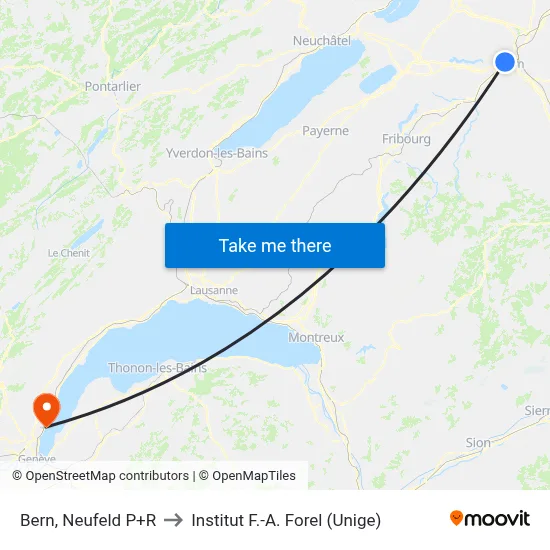 Bern, Neufeld P+R to Institut F.-A. Forel (Unige) map