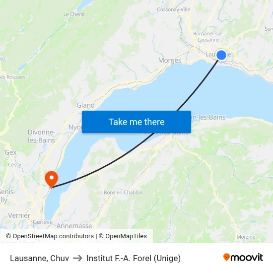 Lausanne, Chuv to Institut F.-A. Forel (Unige) map