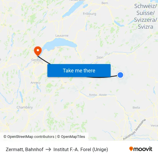 Zermatt, Bahnhof to Institut F.-A. Forel (Unige) map