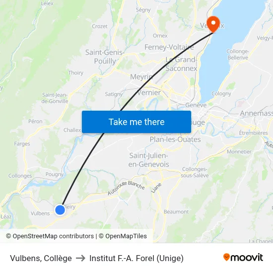 Vulbens, Collège to Institut F.-A. Forel (Unige) map