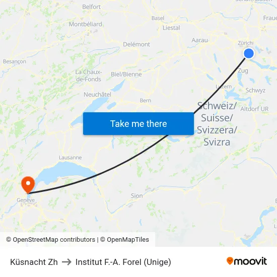 Küsnacht Zh to Institut F.-A. Forel (Unige) map