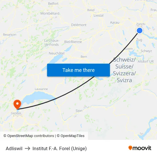 Adliswil to Institut F.-A. Forel (Unige) map