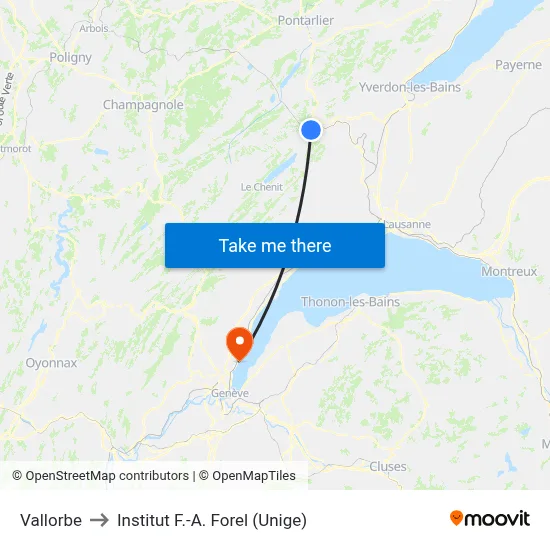 Vallorbe to Institut F.-A. Forel (Unige) map
