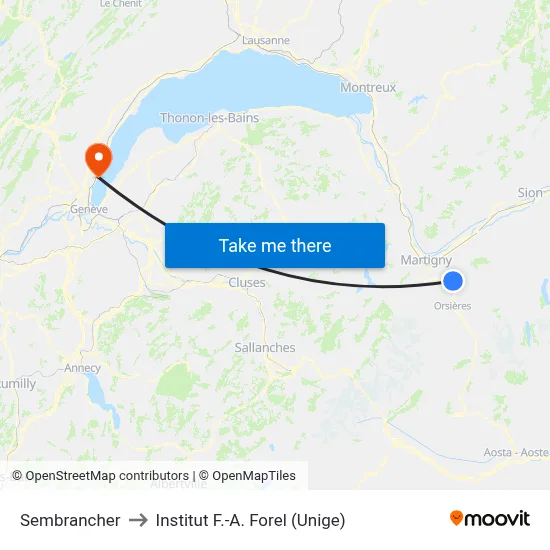 Sembrancher to Institut F.-A. Forel (Unige) map