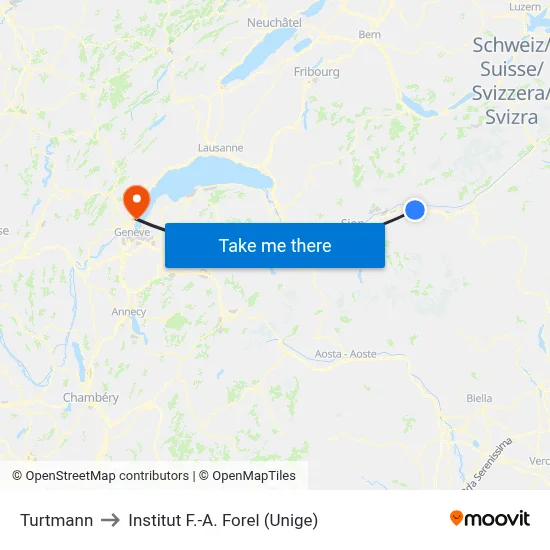 Turtmann to Institut F.-A. Forel (Unige) map