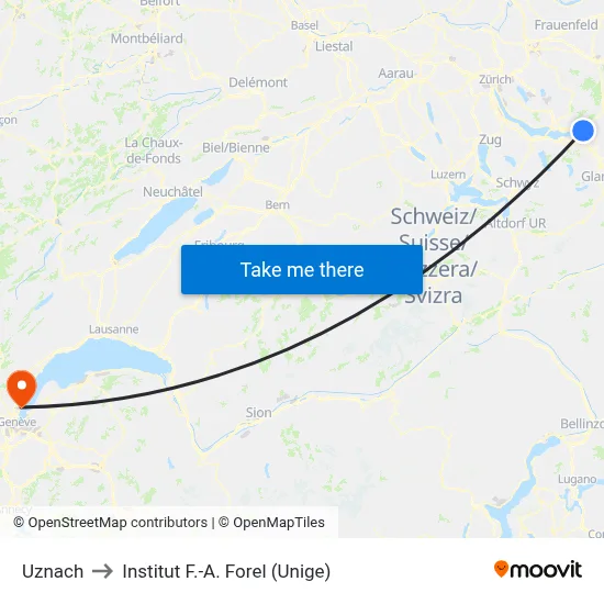 Uznach to Institut F.-A. Forel (Unige) map
