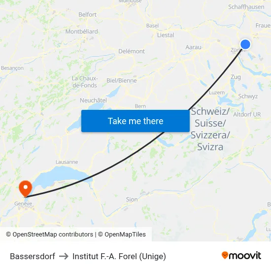 Bassersdorf to Institut F.-A. Forel (Unige) map