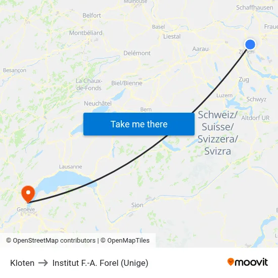Kloten to Institut F.-A. Forel (Unige) map