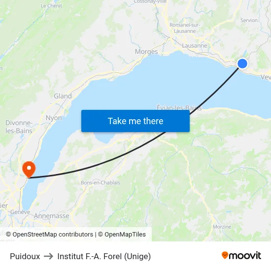 Puidoux to Institut F.-A. Forel (Unige) map