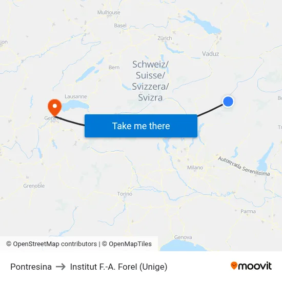 Pontresina to Institut F.-A. Forel (Unige) map