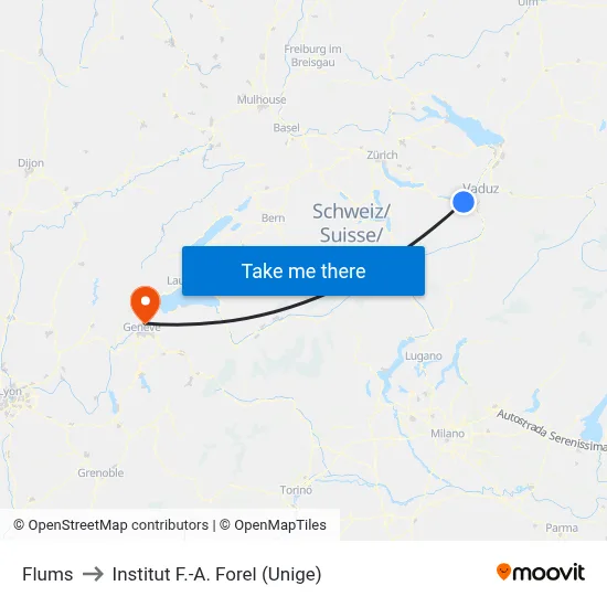 Flums to Institut F.-A. Forel (Unige) map