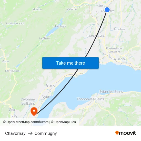 Chavornay to Commugny map