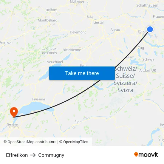 Effretikon to Commugny map