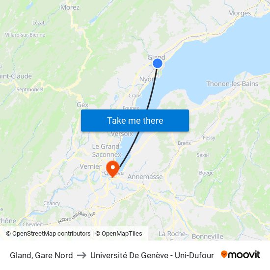 Gland, Gare Nord to Université De Genève - Uni-Dufour map