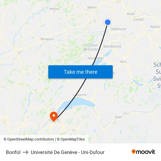 Bonfol to Université De Genève - Uni-Dufour map