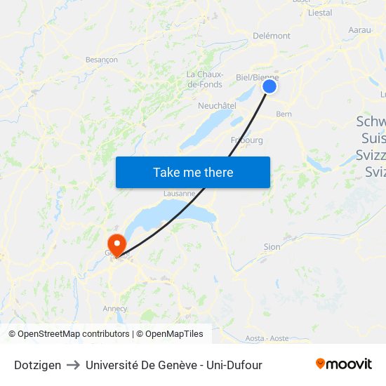 Dotzigen to Université De Genève - Uni-Dufour map