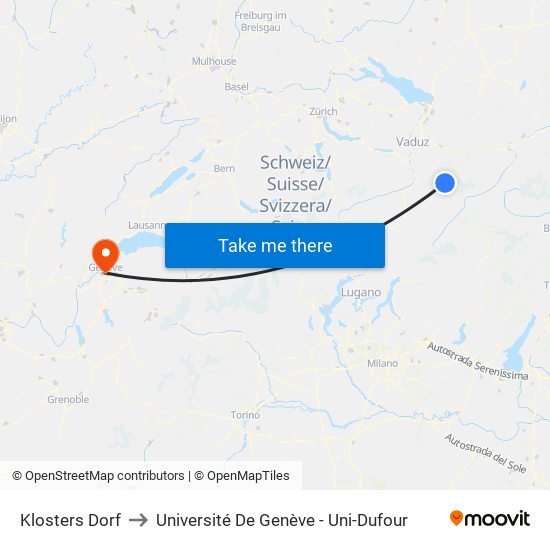 Klosters Dorf to Université De Genève - Uni-Dufour map