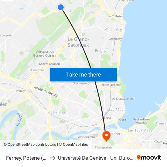 Ferney, Poterie (F) to Université De Genève - Uni-Dufour map