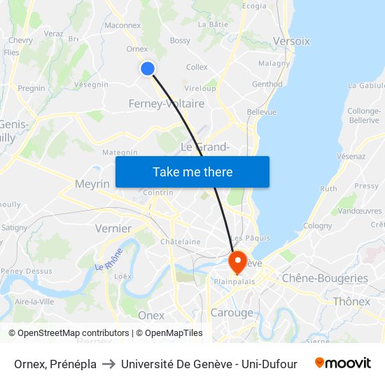 Ornex, Prénépla to Université De Genève - Uni-Dufour map