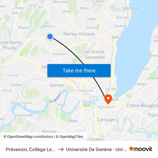 Prévessin, Collège Le Joran to Université De Genève - Uni-Dufour map