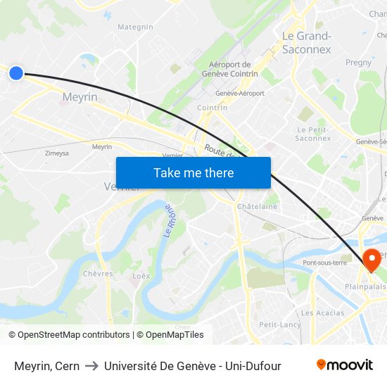 Meyrin, Cern to Université De Genève - Uni-Dufour map
