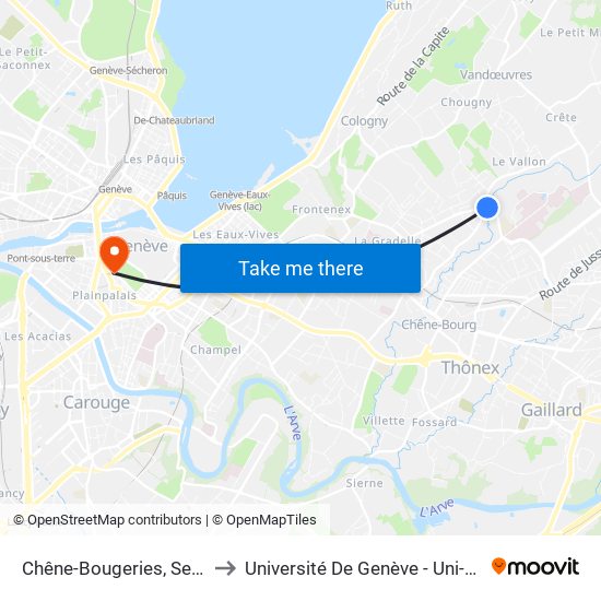 Chêne-Bougeries, Seymaz to Université De Genève - Uni-Dufour map
