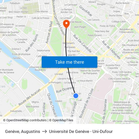 Genève, Augustins to Université De Genève - Uni-Dufour map