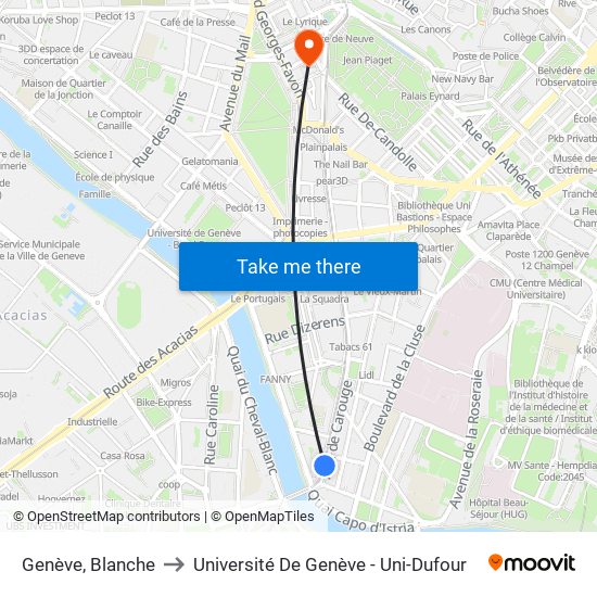 Genève, Blanche to Université De Genève - Uni-Dufour map